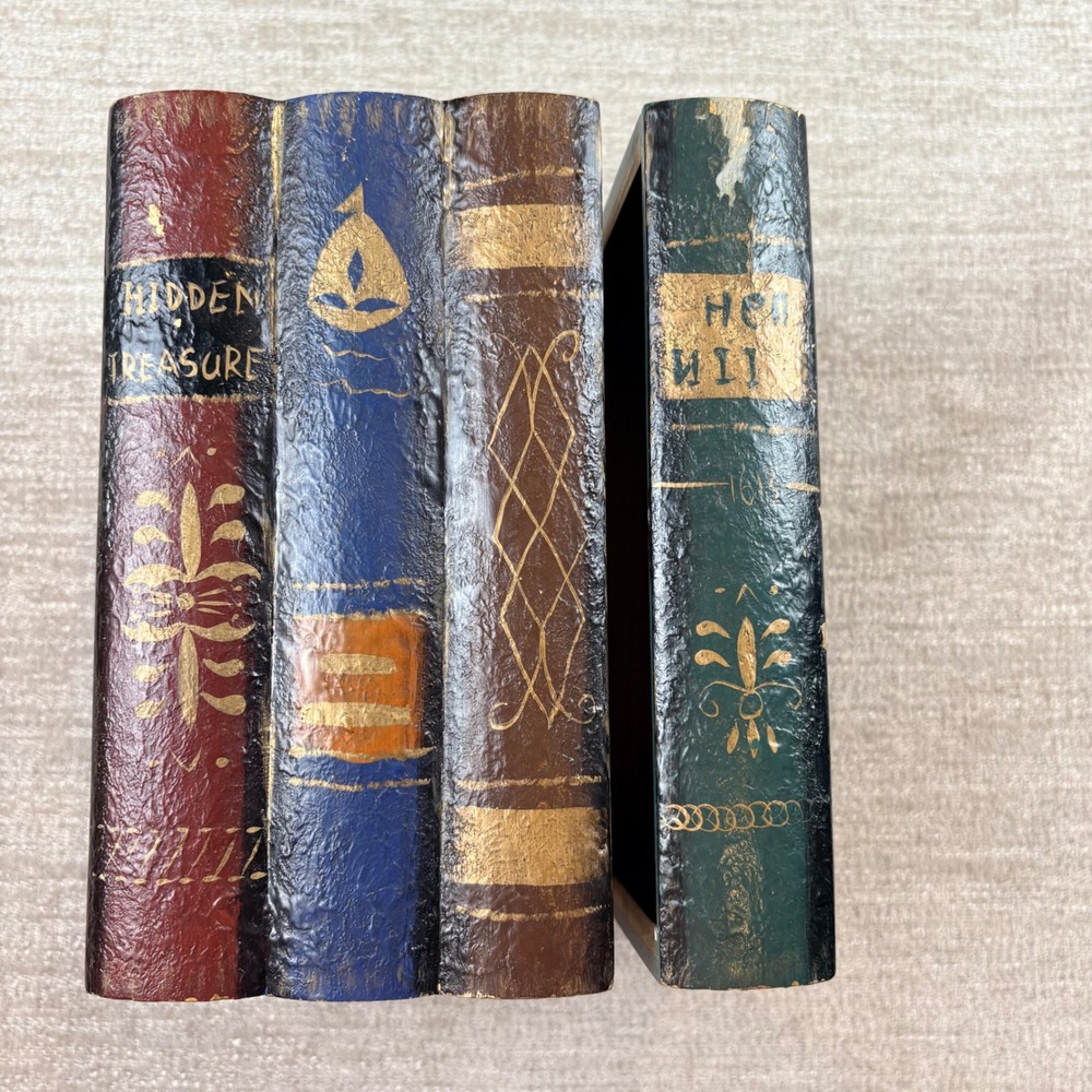 Vintage Faux Book Stack Wooden Decorative Hinged Stash Box Hidden Treasure Gold
